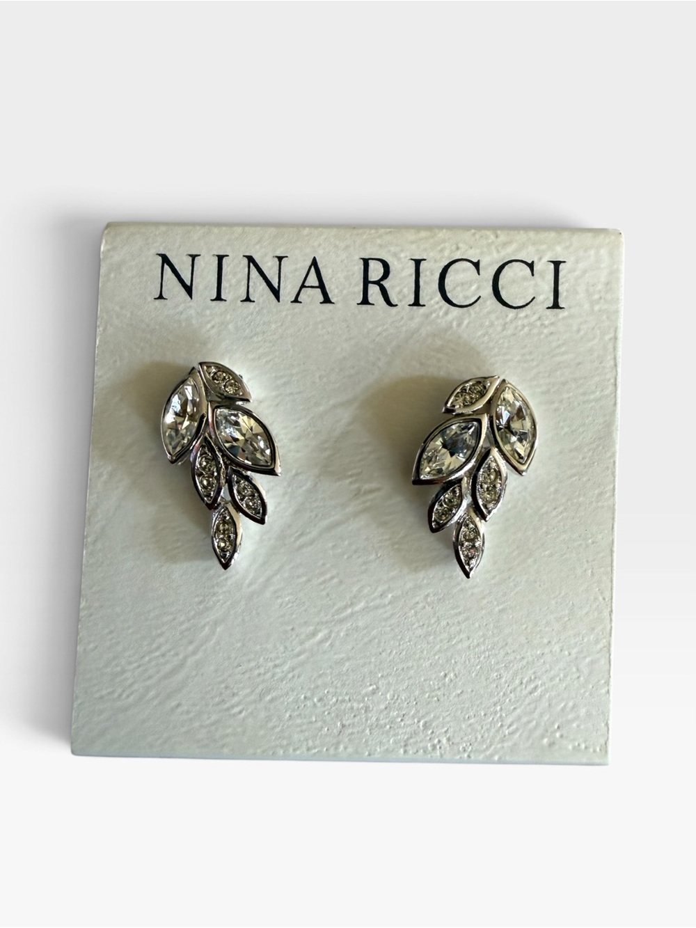Nina Ricci Clear Crystal Silver Leaf Cluster Stud Earrings